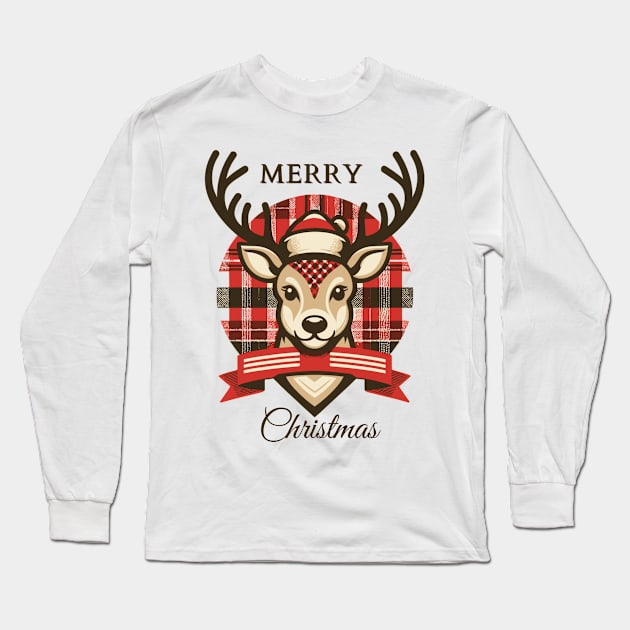 plaid christmas Reindeer Long Sleeve T-Shirt by AlephArt